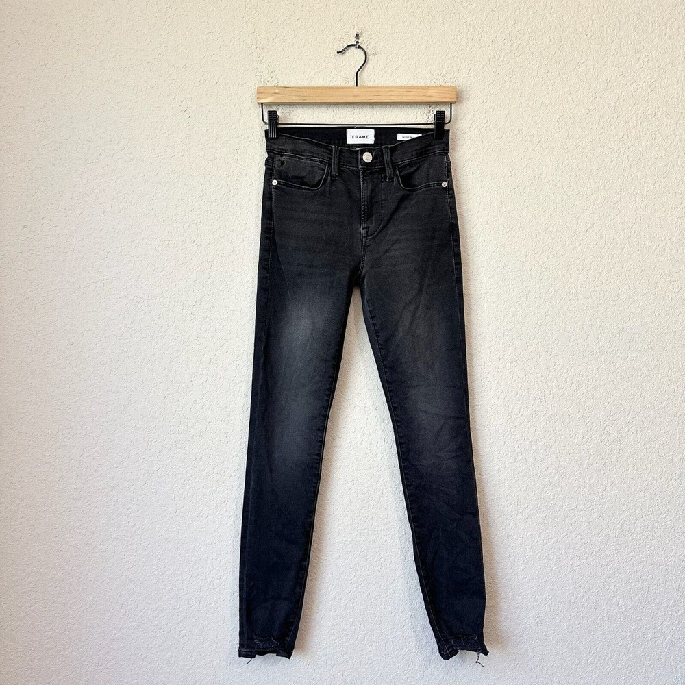 FRAME Le High Skinny Ripped Raw Hem Ankle Jeans in Washed Black